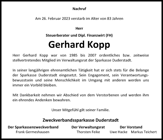 Traueranzeige von Gerhard Kopp von Eichsfelder Tageblatt