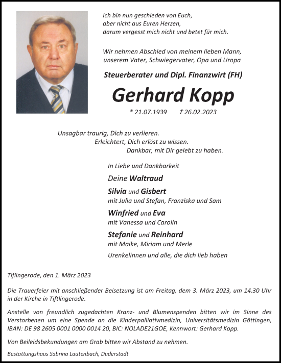 Traueranzeige von Gerhard Kopp von Eichsfelder Tageblatt
