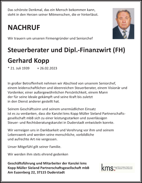 Traueranzeige von Gerhard Kopp von Göttinger Tageblatt