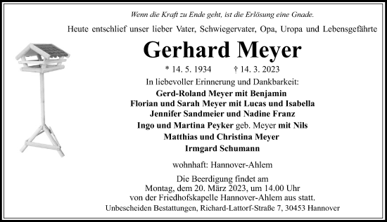 Traueranzeige von Gerhard Meyer von Hannoversche Allgemeine Zeitung/Neue Presse