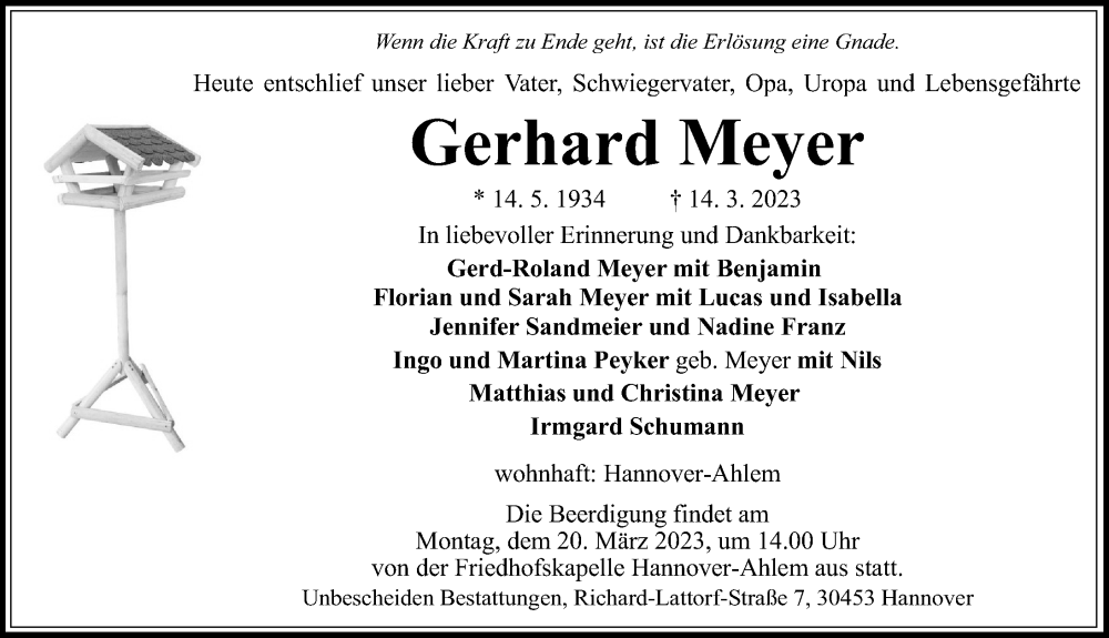  Traueranzeige für Gerhard Meyer vom 18.03.2023 aus Hannoversche Allgemeine Zeitung/Neue Presse