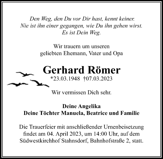 Traueranzeige von Gerhard Römer von Märkischen Allgemeine Zeitung