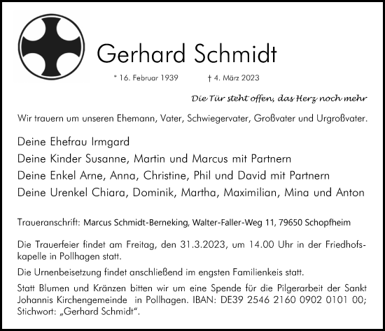 Traueranzeige von Gerhard Schmidt von Schaumburger Nachrichten