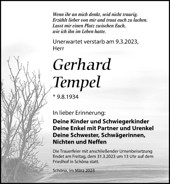 Traueranzeige von Gerhard Tempel von Torgauer Zeitung