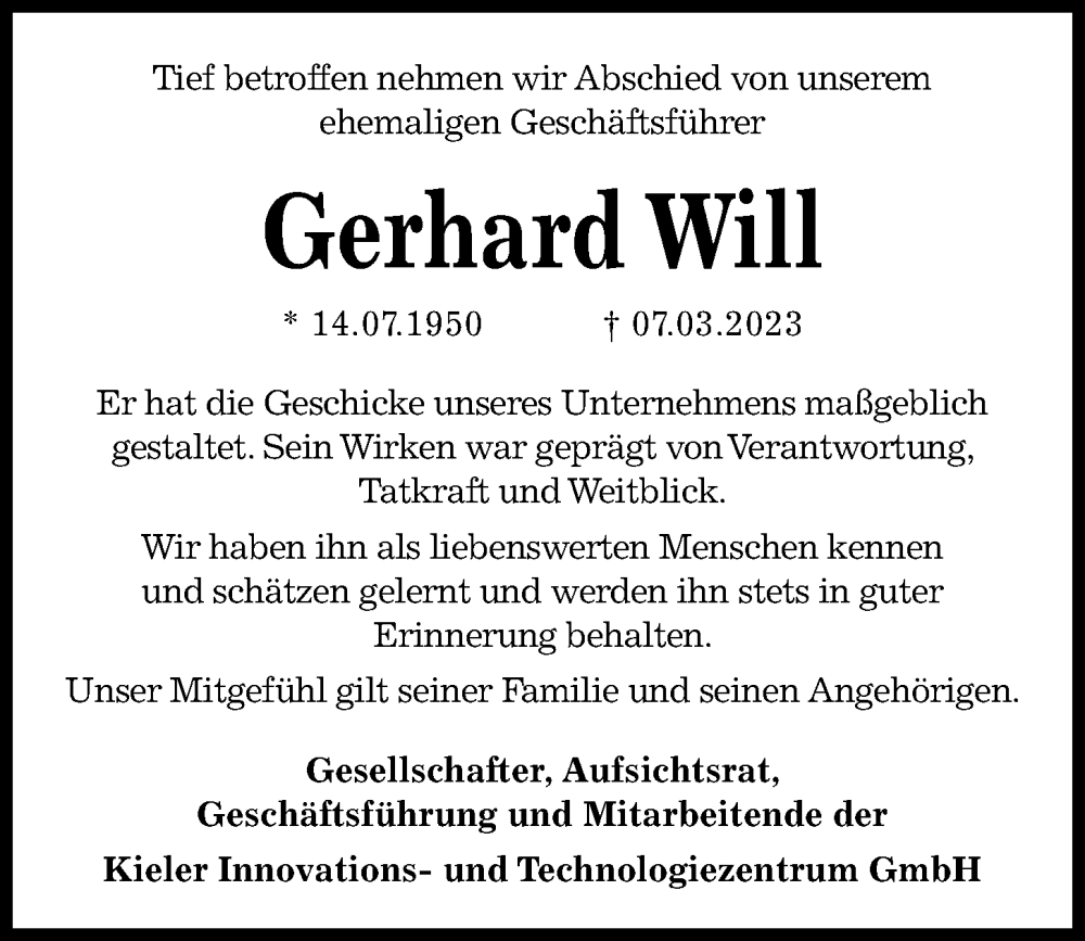  Traueranzeige für Gerhard Will vom 11.03.2023 aus Kieler Nachrichten