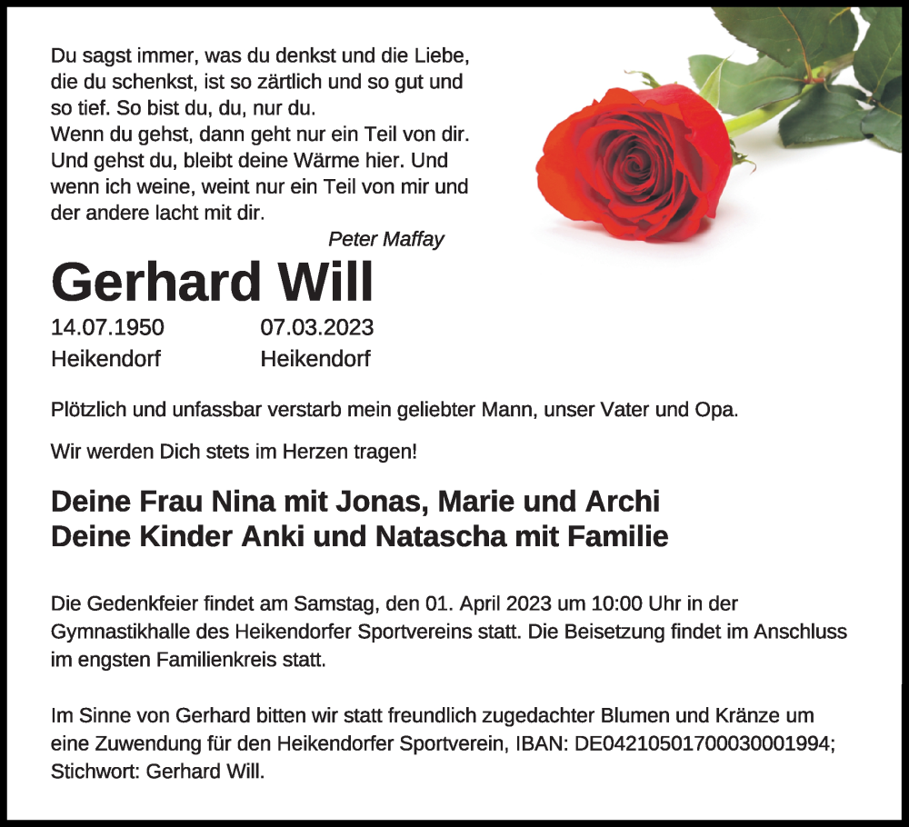  Traueranzeige für Gerhard Will vom 11.03.2023 aus Kieler Nachrichten