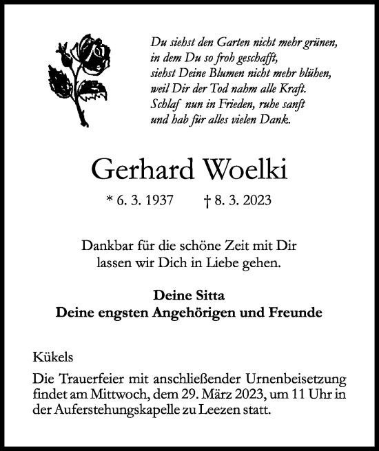 Traueranzeige von Gerhard Woelki von Kieler Nachrichten