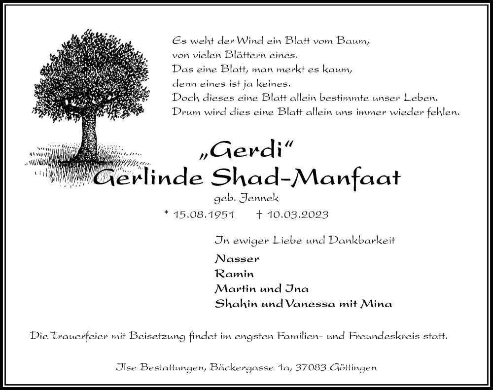  Traueranzeige für Gerlinde Shad-Manfaat vom 25.03.2023 aus Göttinger Tageblatt