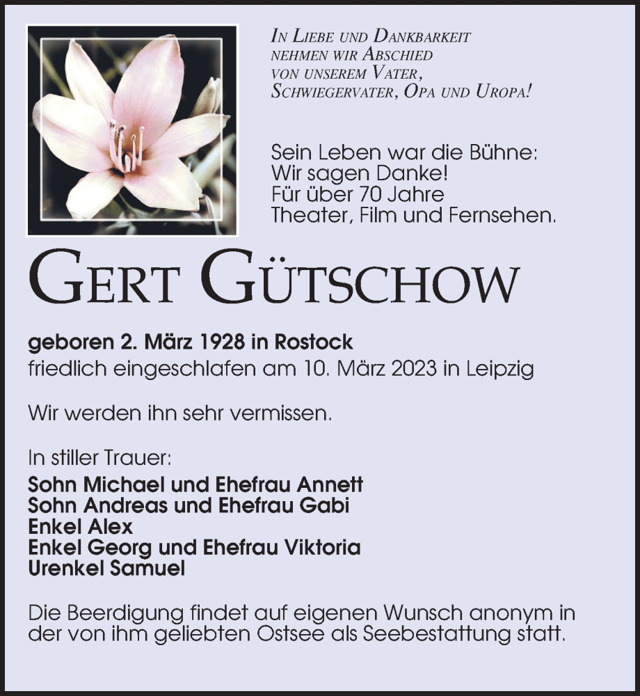  Traueranzeige für Gert Gütschow vom 15.03.2023 aus Leipziger Volkszeitung