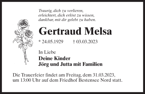 Traueranzeige von Gertraud Melsa von Märkischen Allgemeine Zeitung