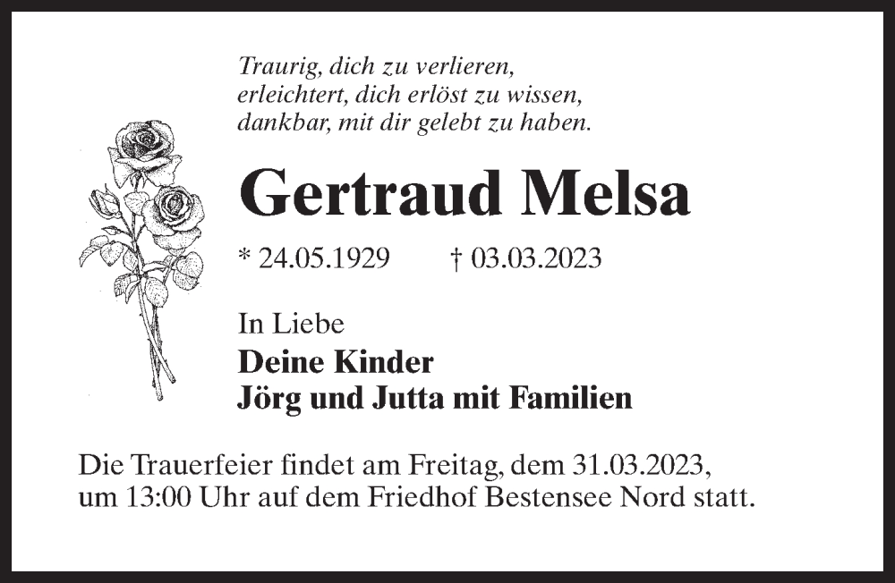  Traueranzeige für Gertraud Melsa vom 18.03.2023 aus Märkischen Allgemeine Zeitung