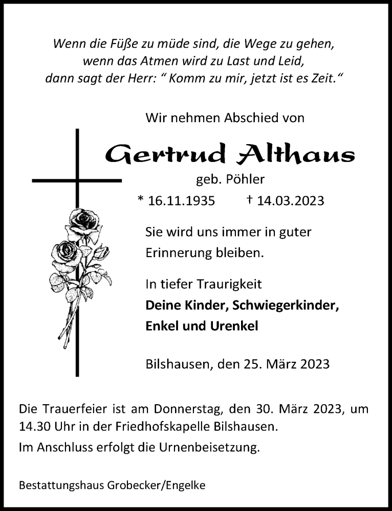  Traueranzeige für Gertrud Althaus vom 25.03.2023 aus Eichsfelder Tageblatt