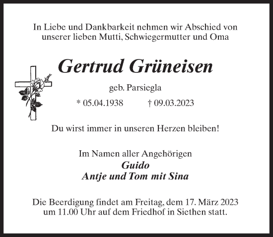 Traueranzeige von Gertrud Grüneisen von Märkischen Allgemeine Zeitung