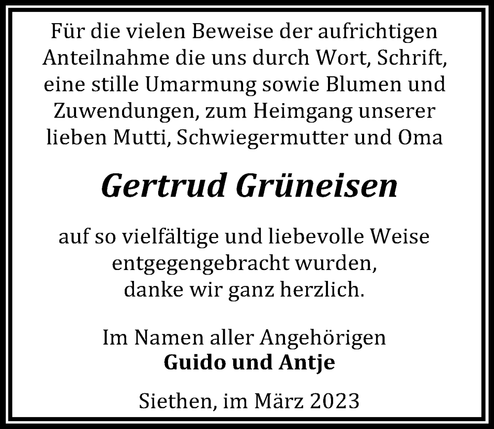  Traueranzeige für Gertrud Grüneisen vom 25.03.2023 aus Märkischen Allgemeine Zeitung