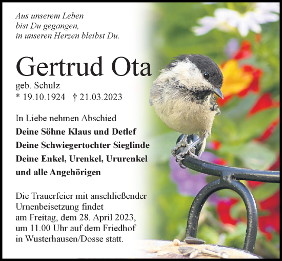 Traueranzeige von Gertrud Ota von Märkischen Allgemeine Zeitung