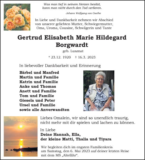 Traueranzeige von Gertrud Elisabeth Marie Hildegard Borgwardt von Ostsee-Zeitung GmbH