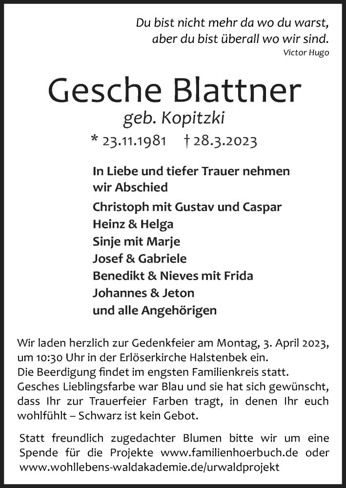  Traueranzeige für Gesche Blattner vom 01.04.2023 aus Kieler Nachrichten