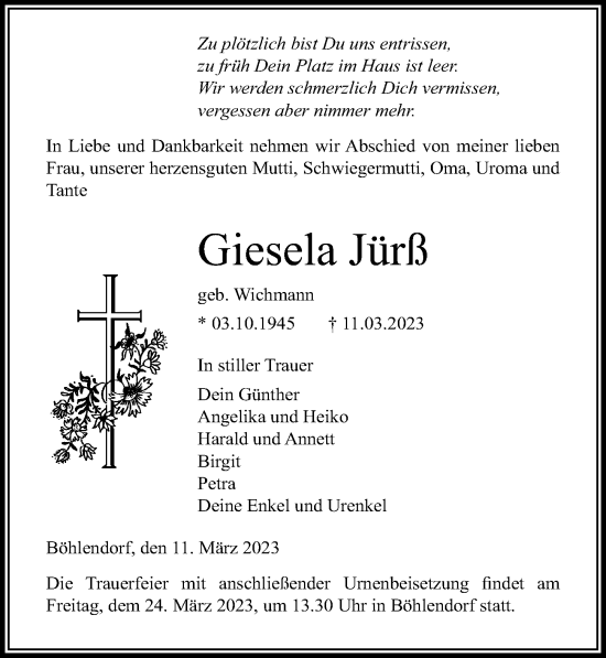 Traueranzeige von Giesela Jürß von Ostsee-Zeitung GmbH