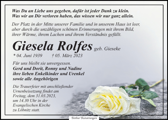Traueranzeige von Giesela Rolfes von Leipziger Volkszeitung