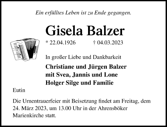 Traueranzeige von Gisela Balzer von Lübecker Nachrichten