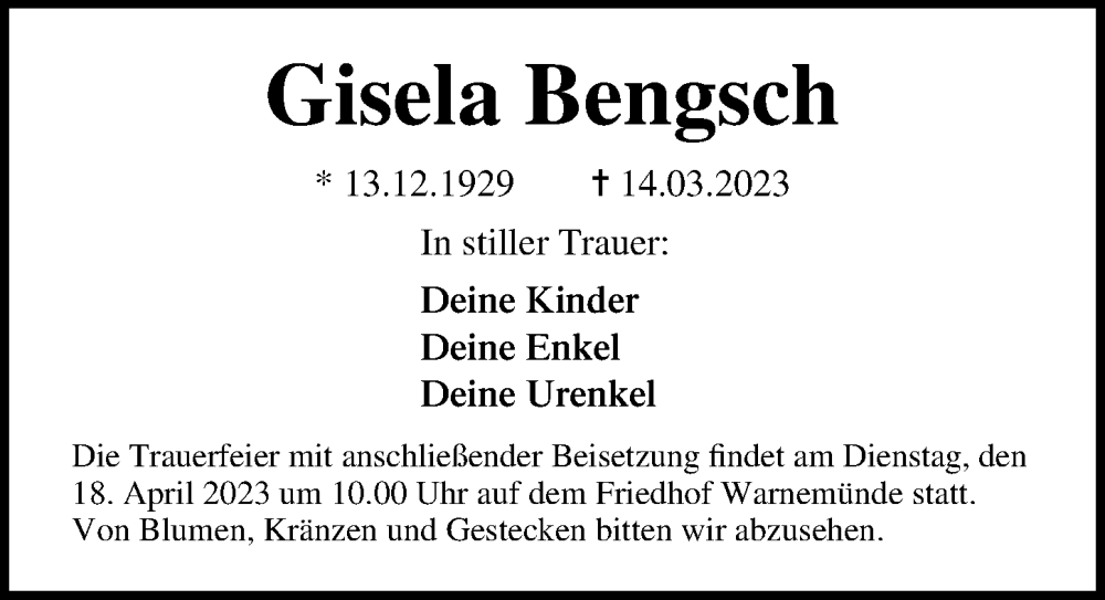  Traueranzeige für Gisela Bengsch vom 25.03.2023 aus Ostsee-Zeitung GmbH
