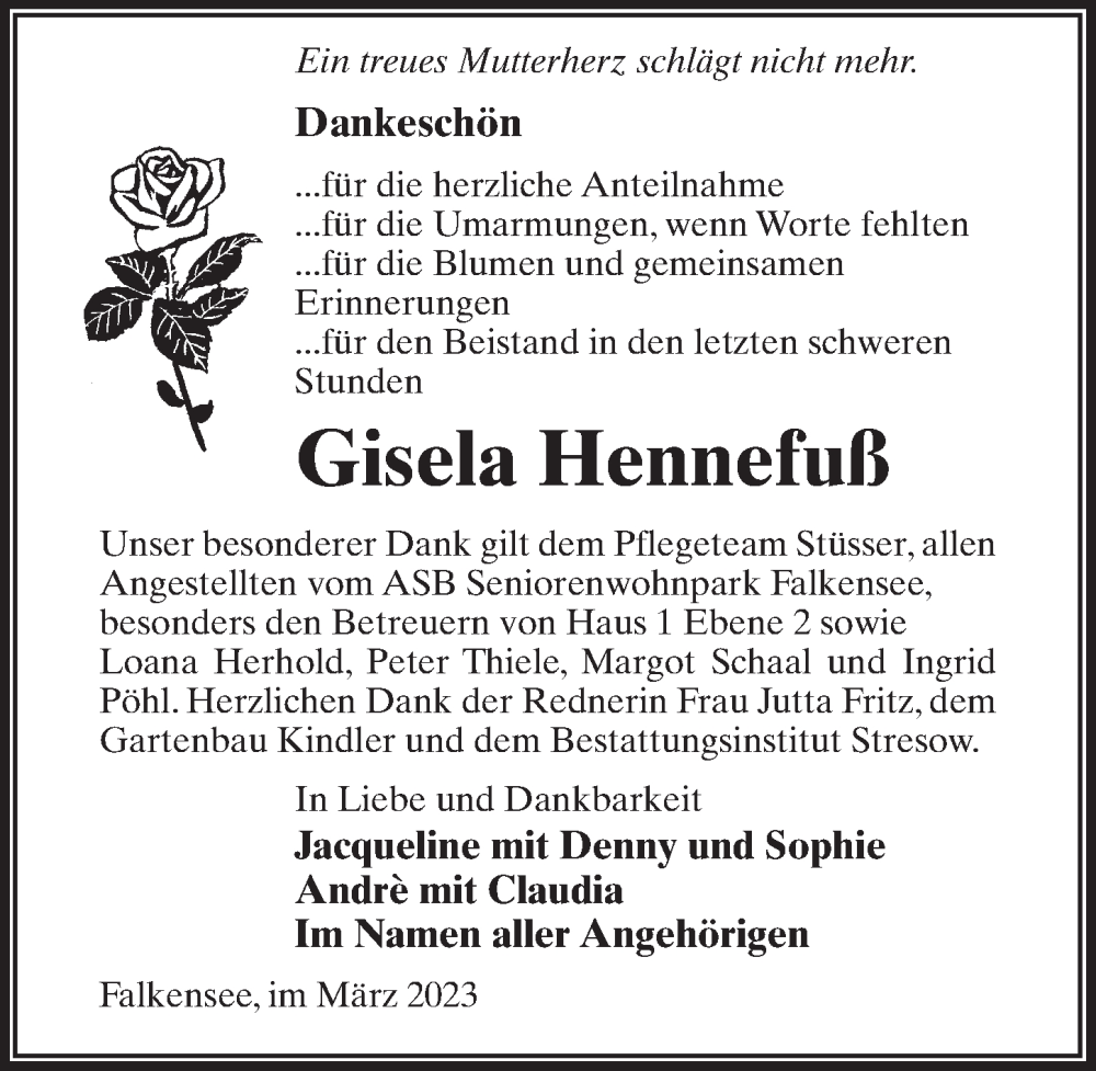  Traueranzeige für Gisela Hennefuß vom 11.03.2023 aus Märkischen Allgemeine Zeitung