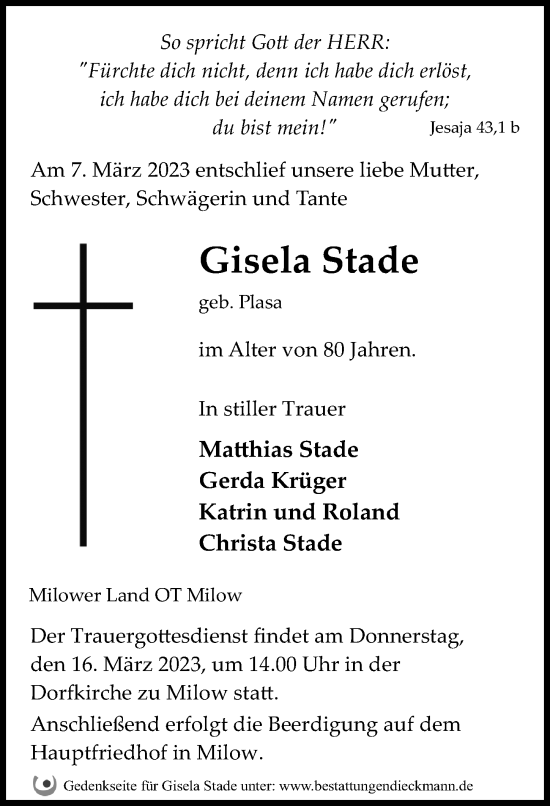 Traueranzeige von Gisela Stade von Märkischen Allgemeine Zeitung