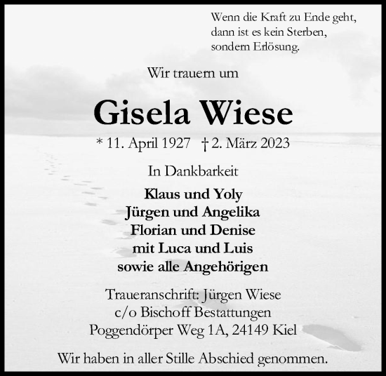 Traueranzeige von Gisela Wiese von Kieler Nachrichten