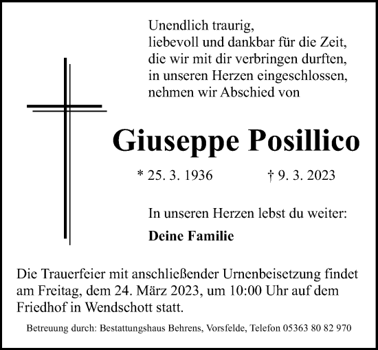Traueranzeige von Giuseppe Posillico von Aller Zeitung