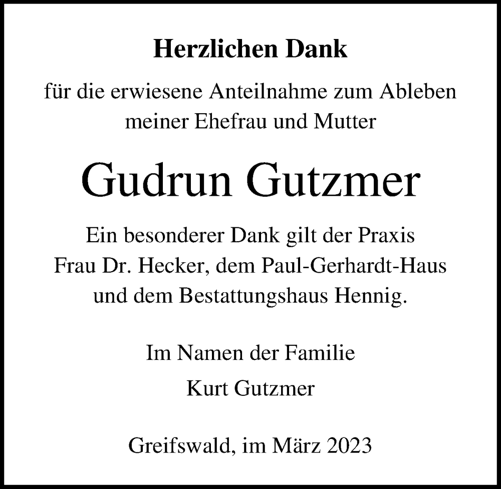  Traueranzeige für Gudrun Gutzmer vom 18.03.2023 aus Ostsee-Zeitung GmbH