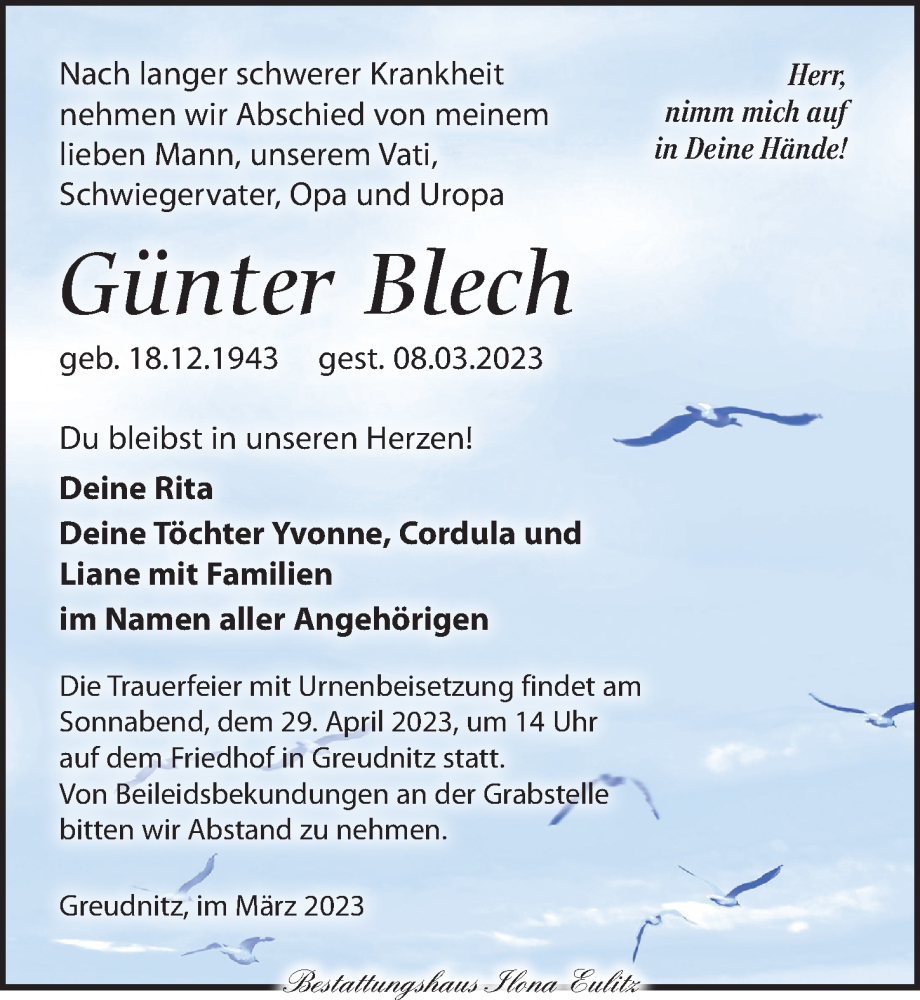  Traueranzeige für Günter Blech vom 18.03.2023 aus Torgauer Zeitung