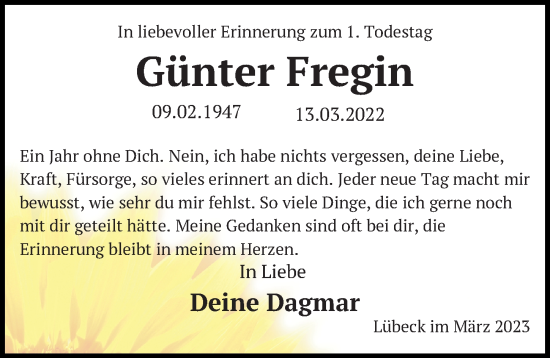 Traueranzeige von Günter Fregin von Lübecker Nachrichten