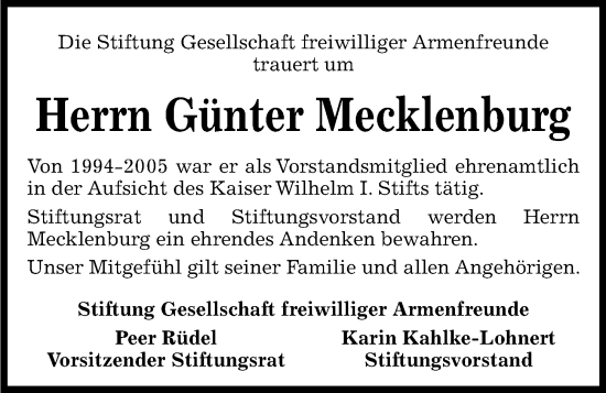 Traueranzeige von Günter Mecklenburg von Kieler Nachrichten