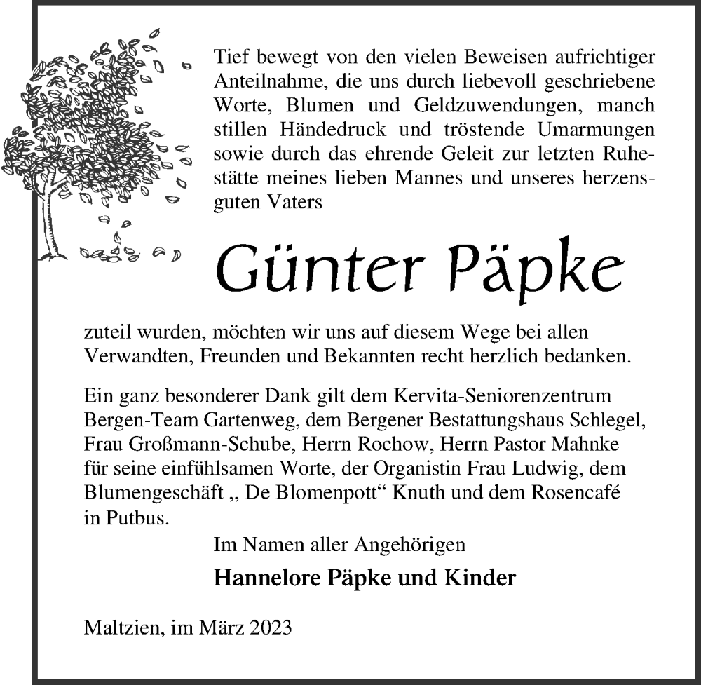  Traueranzeige für Günter Päpke vom 11.03.2023 aus Ostsee-Zeitung GmbH