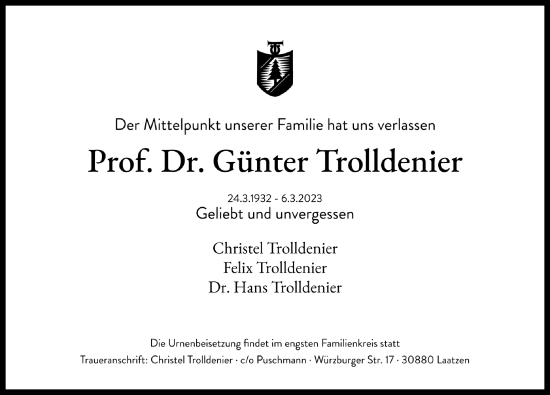 Traueranzeige von Günter Trolldenier von Hannoversche Allgemeine Zeitung/Neue Presse
