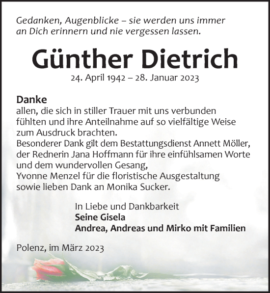 Traueranzeige von Günther Dietrich von Leipziger Volkszeitung
