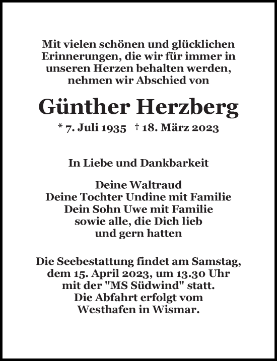 Traueranzeige von Günther Herzberg von Ostsee-Zeitung GmbH