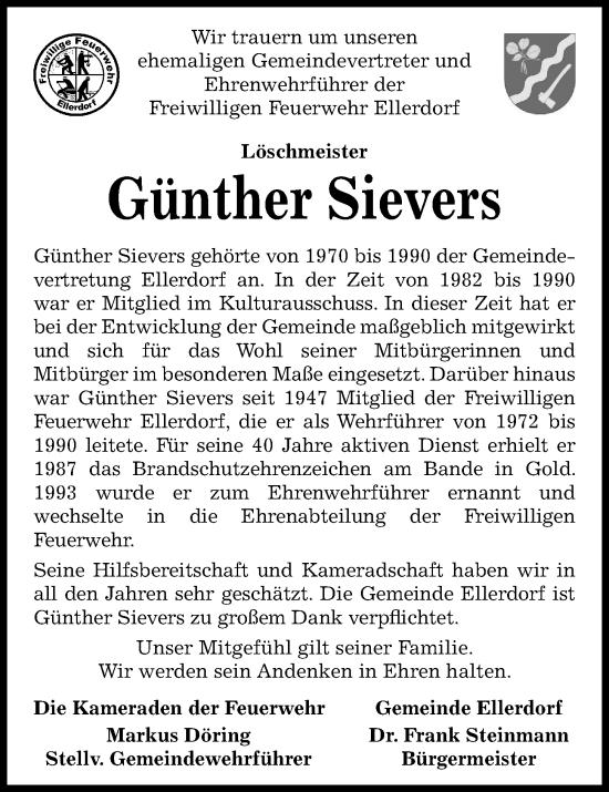 Traueranzeige von Günther Sievers von Kieler Nachrichten