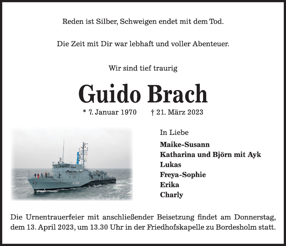  Traueranzeige für Guido Brach vom 01.04.2023 aus Kieler Nachrichten