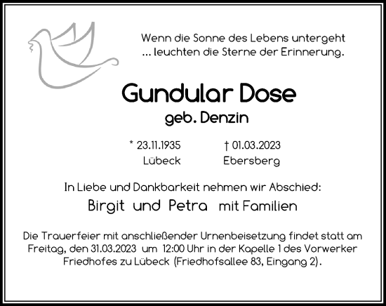 Traueranzeige von Gundular Dose von Lübecker Nachrichten
