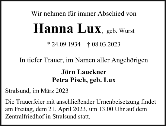Traueranzeige von Hanna Lux von Ostsee-Zeitung GmbH