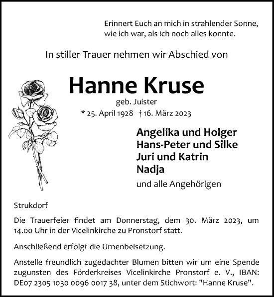 Traueranzeige von Hanne Kruse von Lübecker Nachrichten