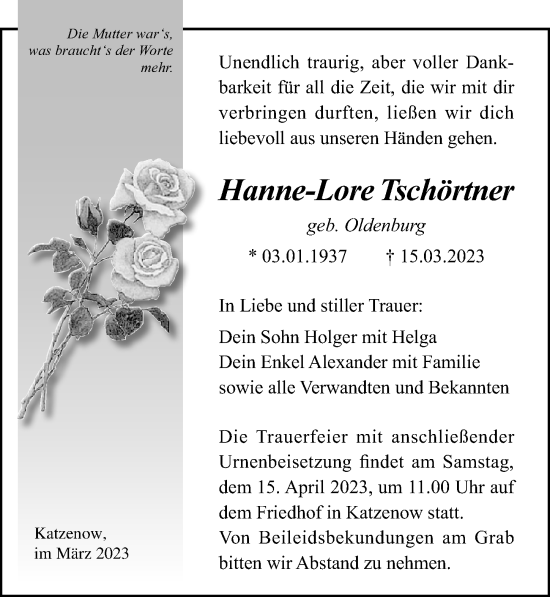Traueranzeige von Hanne-Lore Tschörtner von Ostsee-Zeitung GmbH
