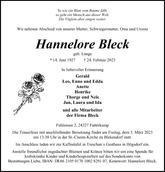 Traueranzeige von Hannelore Bleck von Kieler Nachrichten