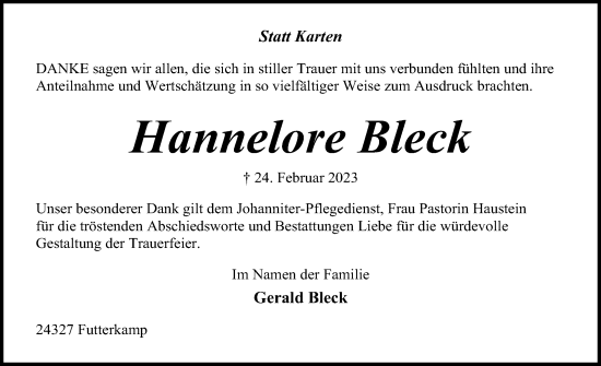 Traueranzeige von Hannelore Bleck von Kieler Nachrichten