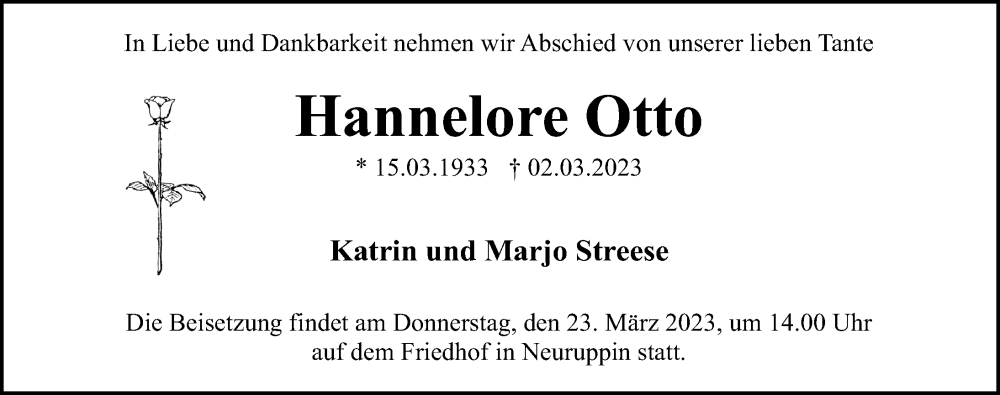  Traueranzeige für Hannelore Otto vom 11.03.2023 aus Märkischen Allgemeine Zeitung