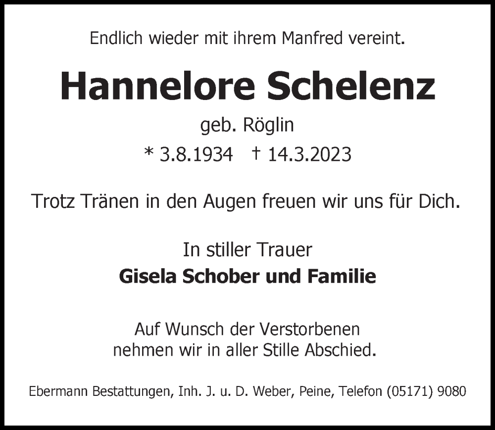  Traueranzeige für Hannelore Schelenz vom 18.03.2023 aus Peiner Allgemeine Zeitung