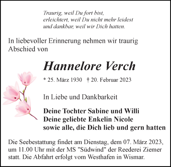 Traueranzeige von Hannelore Verch von Ostsee-Zeitung GmbH