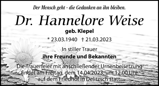 Traueranzeige von Hannelore Weise von Leipziger Volkszeitung