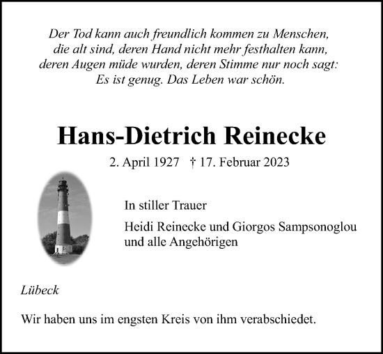 Traueranzeige von Hans-Dietrich Reinecke von Lübecker Nachrichten